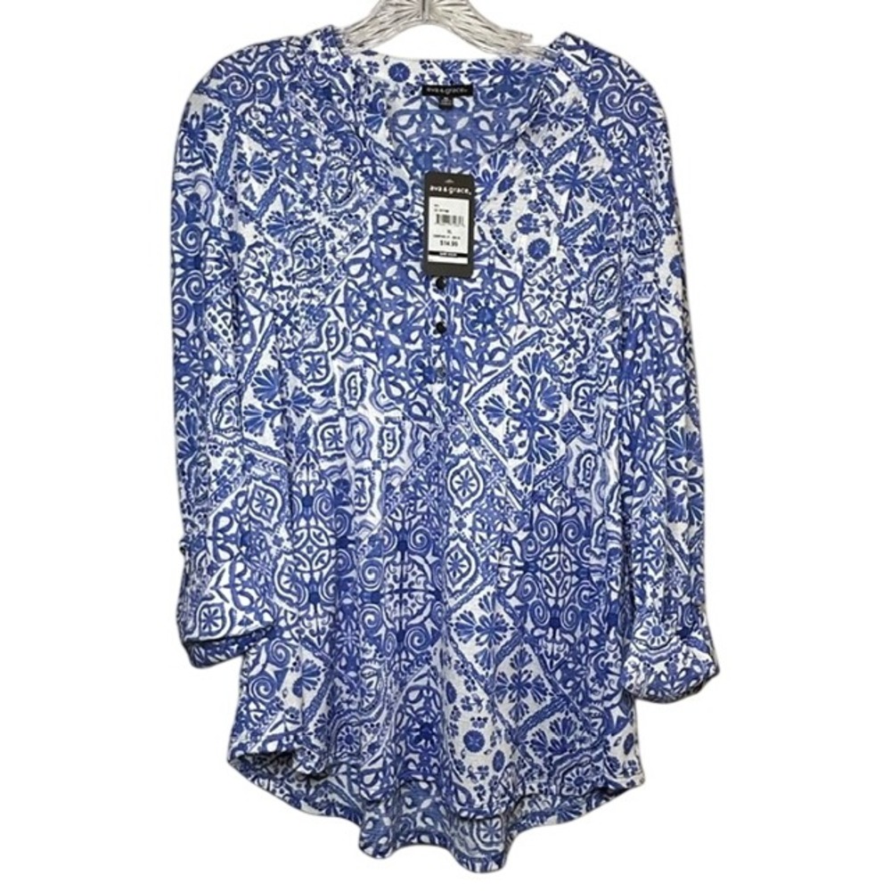 NWT Ava & Grace Women's Blue & White N-neck Tunic Blouse XL Rhinestones